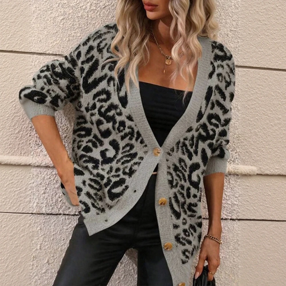 Solto de malha manga longa com decote em v leopardo impressão camisola casaco para mulheres outono inverno novo estilo casual outerwear