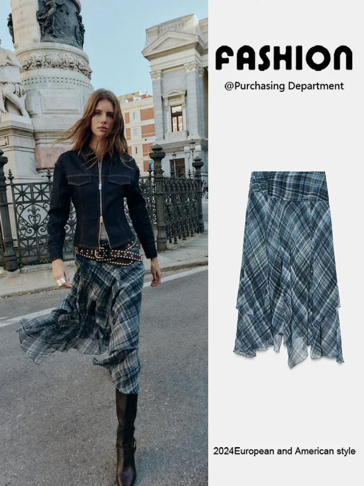 Modna spódnica midi z wysokim stanem, nowość na zimę 2025, asymetryczny wzór w kratę, uniwersalna, elegancka.