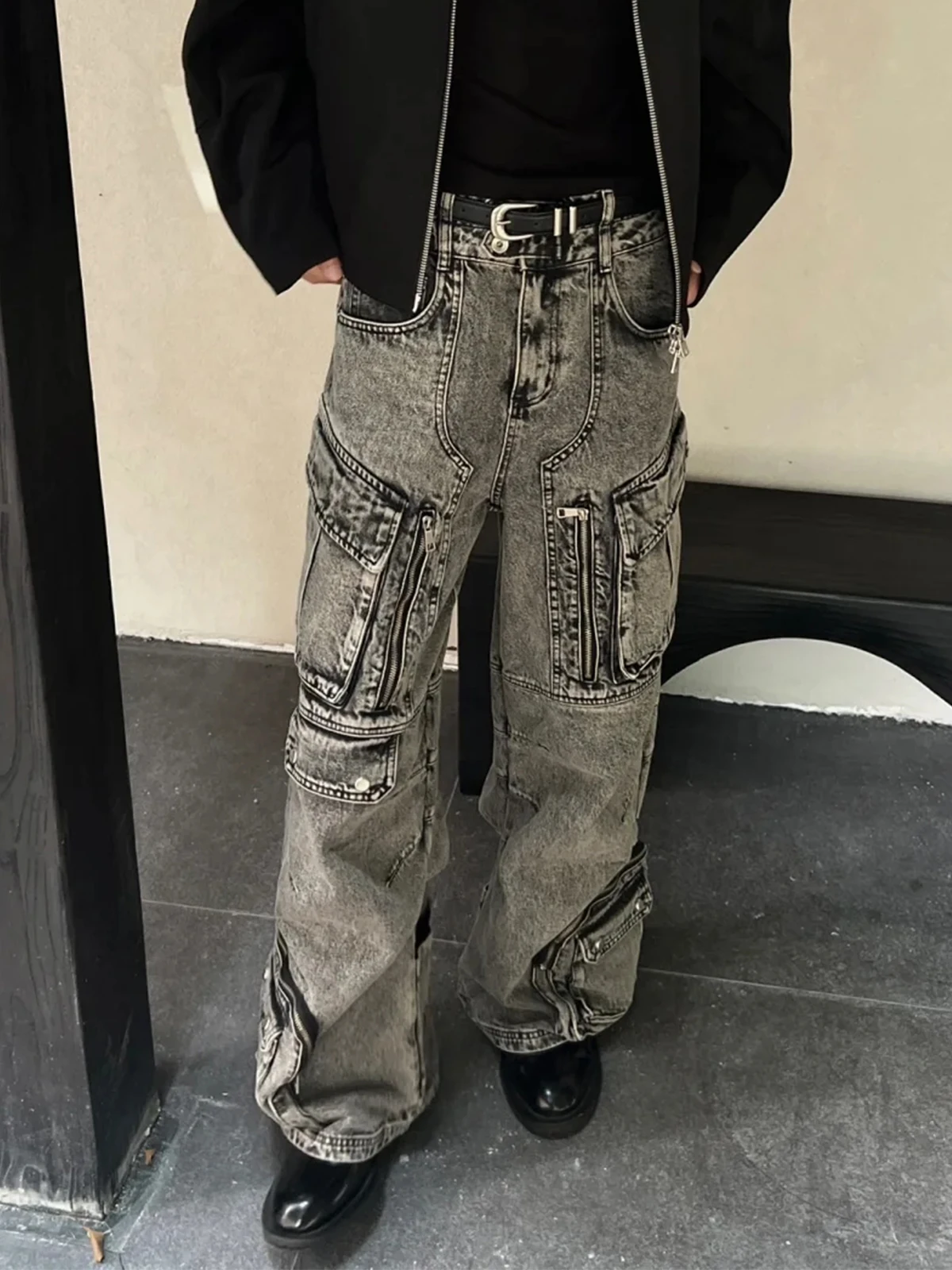

Heavy Duty Men's Workwear Jeans Multiple Pockets Loose Wide Leg Pants American Street Style Retro Washed Denim Trousers