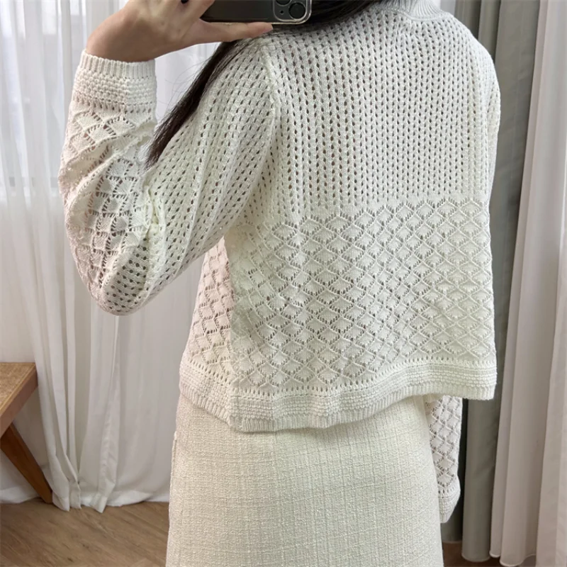 Cardigan à manches longues pour femme, col rond, boucle diamant, grille creuse, veste blanche, doux, tempérament doux, 107