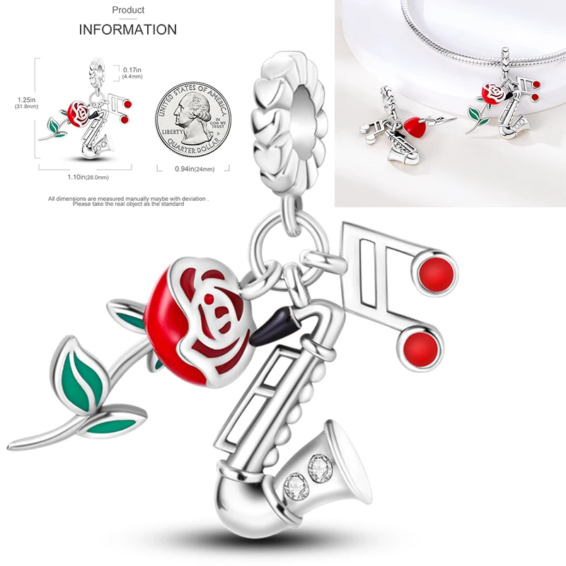 2026 Neuer Musik-Charm aus 925 Sterling Silber, Musiknoten-, Kopfhörer- und Gitarren-Anhänger, passend für europäische Armbänder, DIY-Geschenk für Frauen – Detail 9