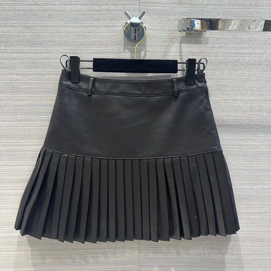 

2024 New Fashion 100% Sheepskin Black Mini Pleated Skirts Womens High Waist Sweet Girl Preppy Style Spring Summer Hot Skirt