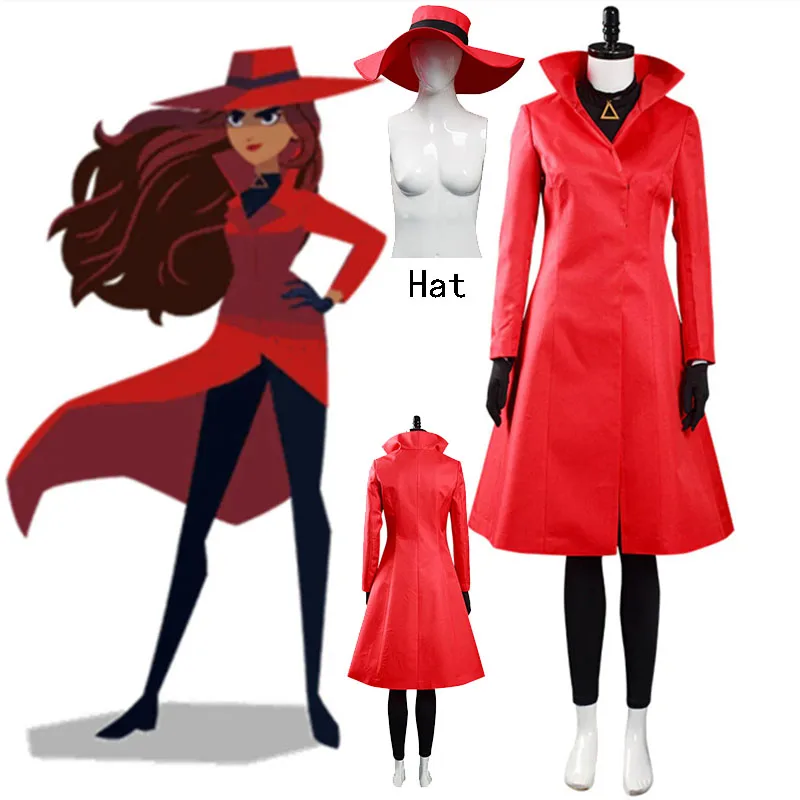 

Carmen Sandiego Cosplay Costume Red Dress with Hat Gloves Halloween Christmas Carnival Party Role Play Suit For Woman Girl