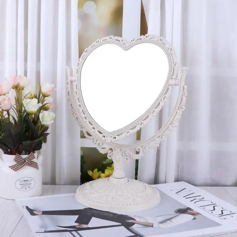 

2Sides Heart-shaped Makeup Mirror Rotatable Stand Table Compact Mirror Dresser