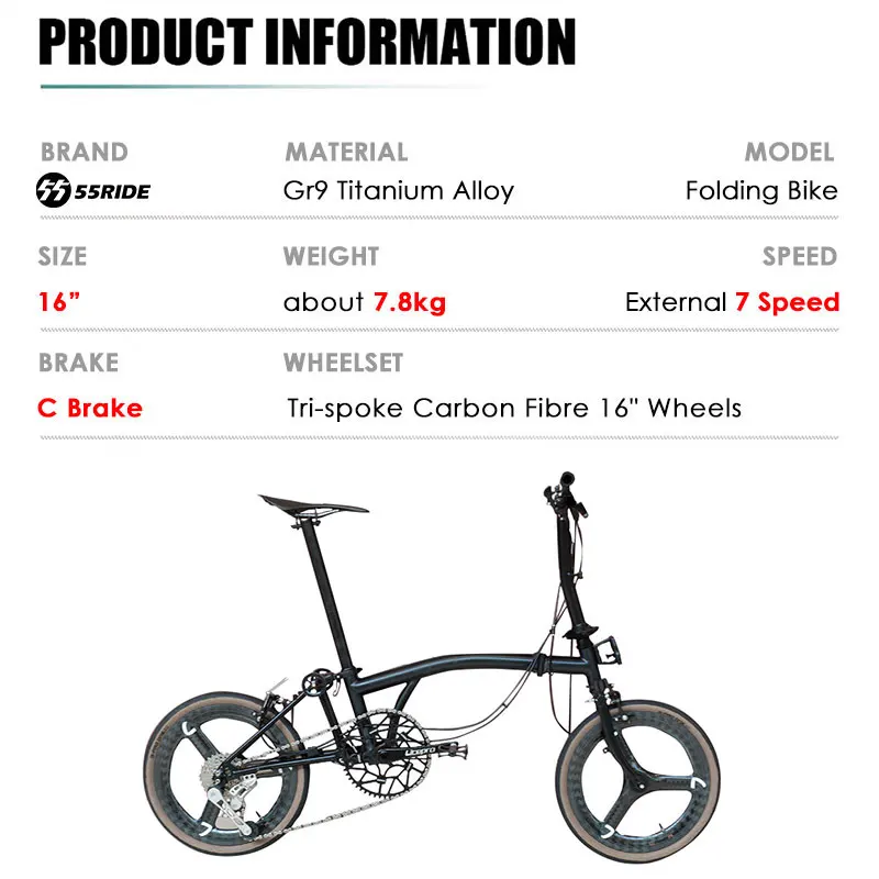 16 Inch Titanium Alloy Variable Speed C Brake Durable Folding Bicycle For Adult Outdoor Cycling Integrated Wheel City Bike