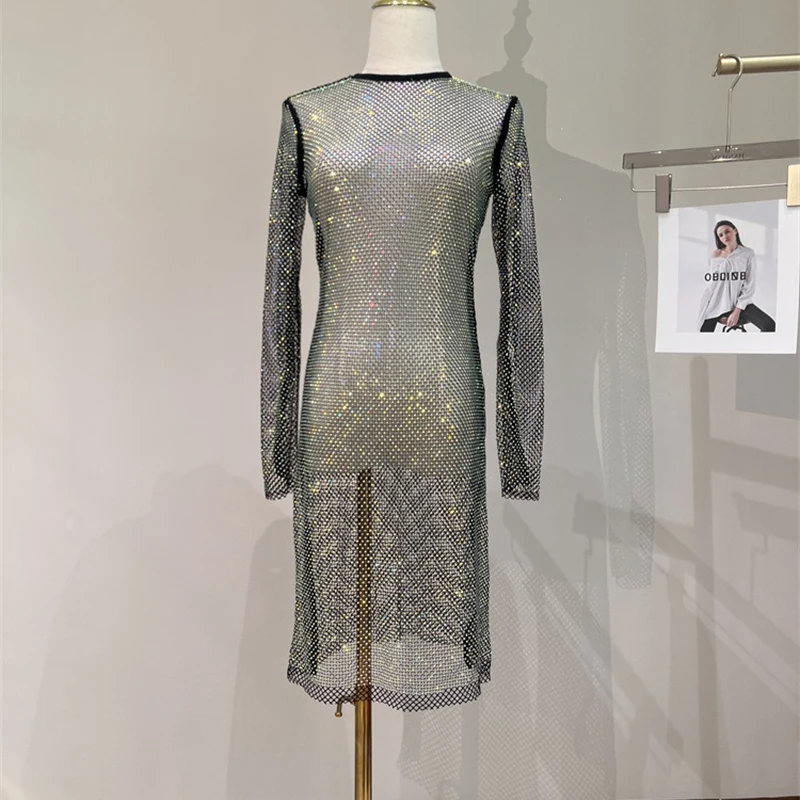 Damen-Abendkleid aus Netzstoff mit Strasssteinen, Rundhalsausschnitt, glitzerndes, durchsichtiges Kleid mit Diamant-Ausschnitten, Party-, Nachtclub-, Festival- und Rave-Kleidung – Detail 6