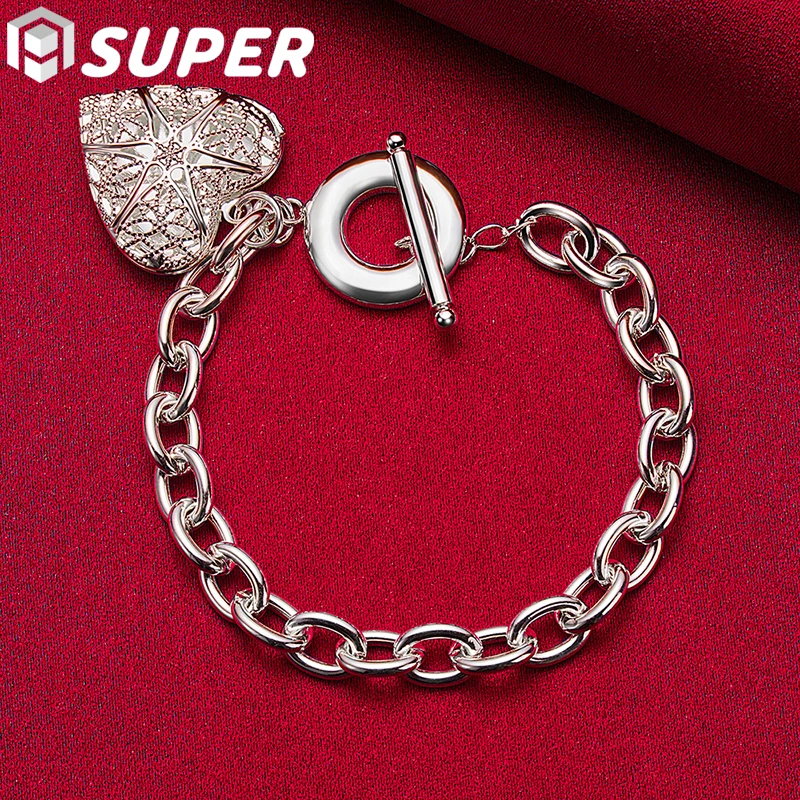 

925 Sterling Silver Pattern Heart Photo Frame Bracelet Chain For Women Wedding Engagement Jewelry