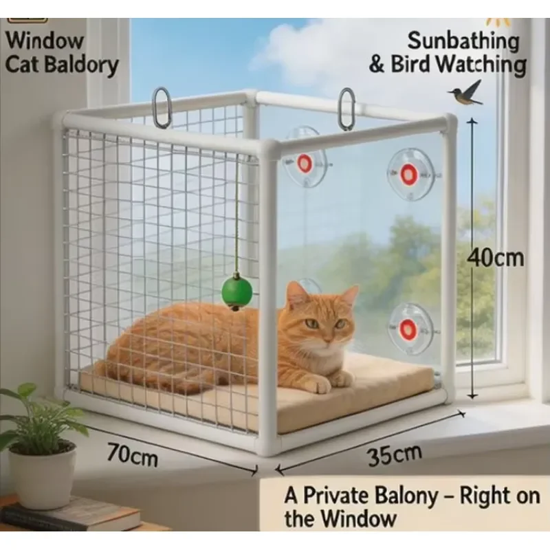 Wooden Cat Window Perch with Suction Cups Space Saving Hanging Cage Eco Friendly Indoor Outdoor Pet Bed Easy Install Wall