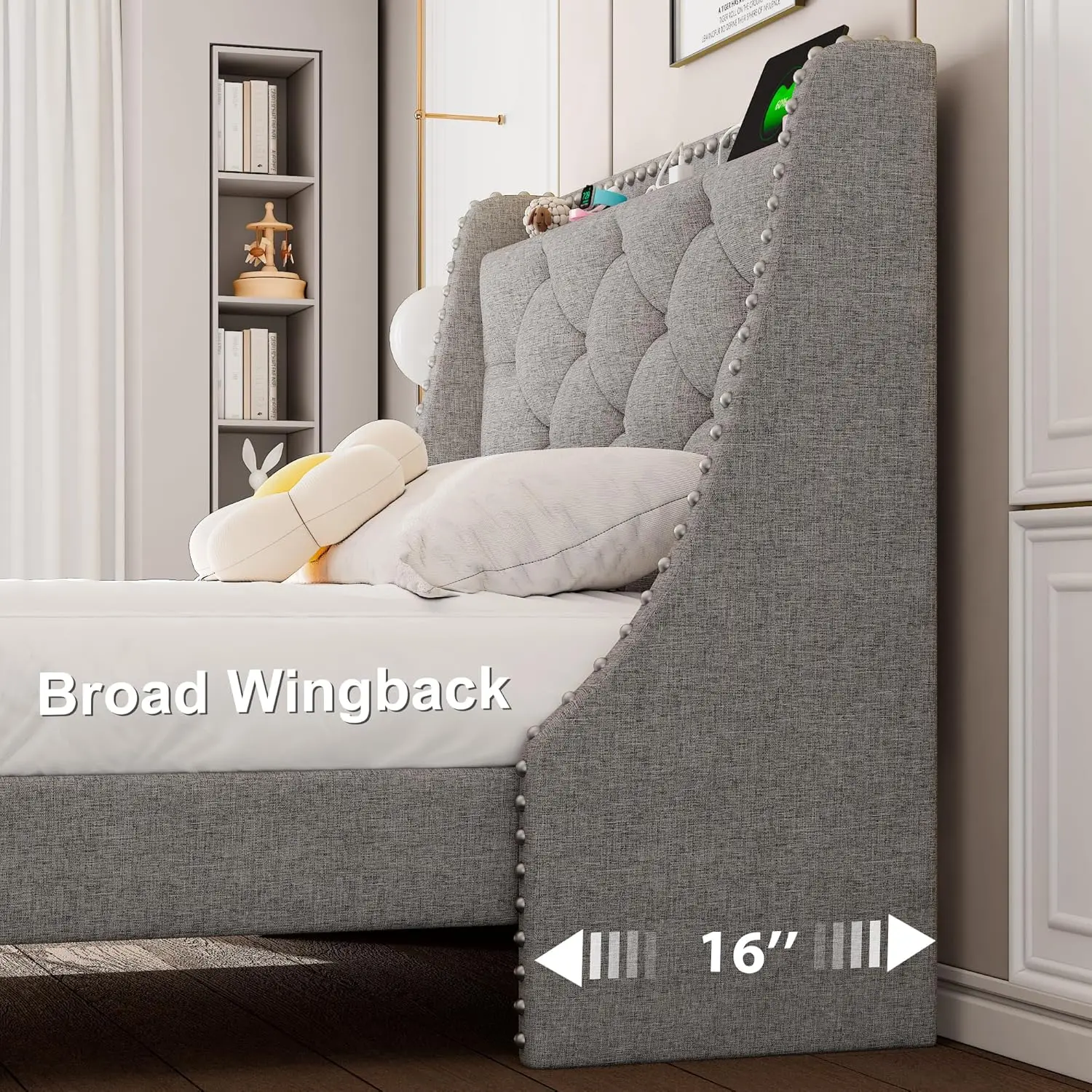 Twin Bed Frame Met Luxe Wingback Gestoffeerde Knop