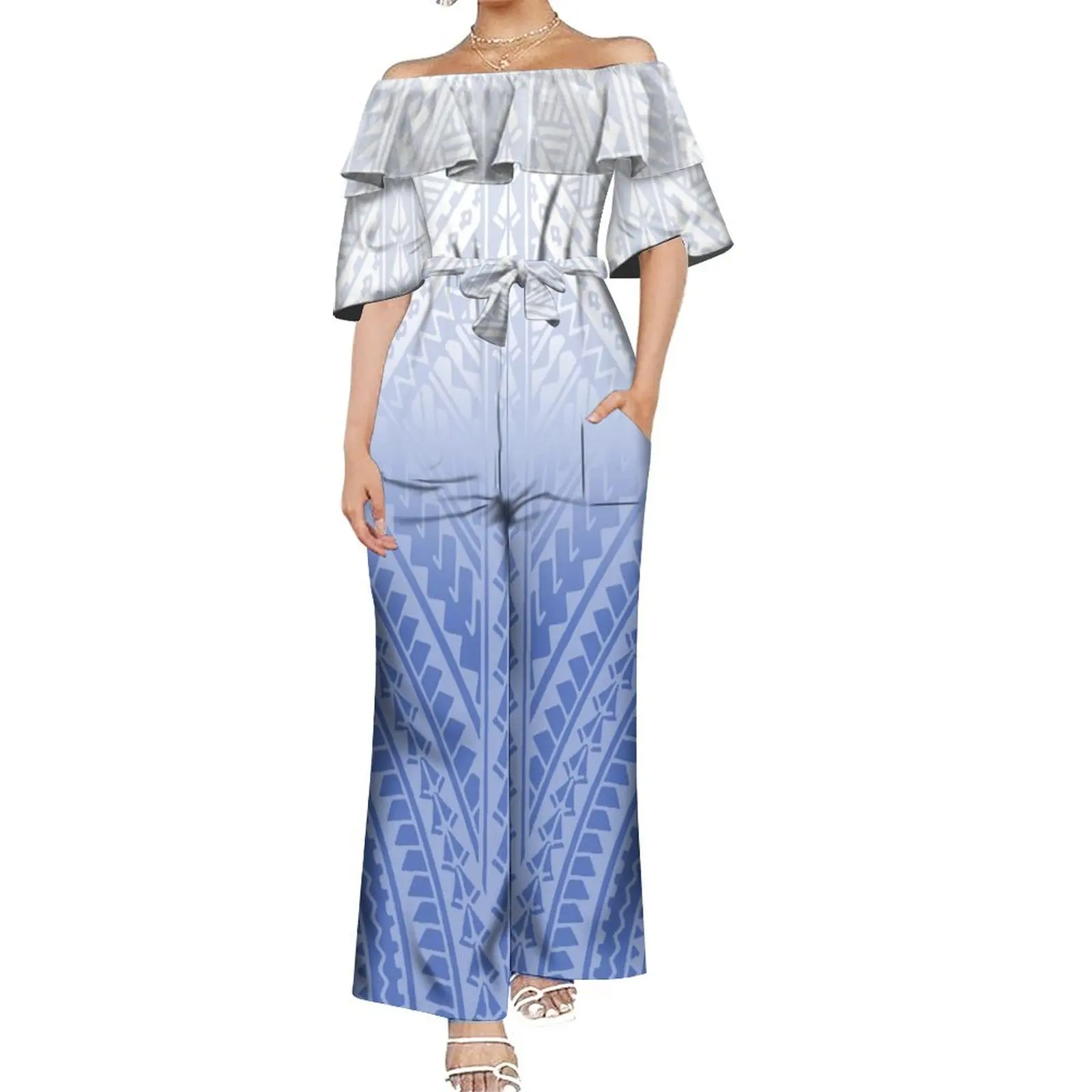 Summer Rompers Women Ethnic Print Custom Rompers Casual Long Trousers Polynesian Women's One-Shoulder Temperament Rompers