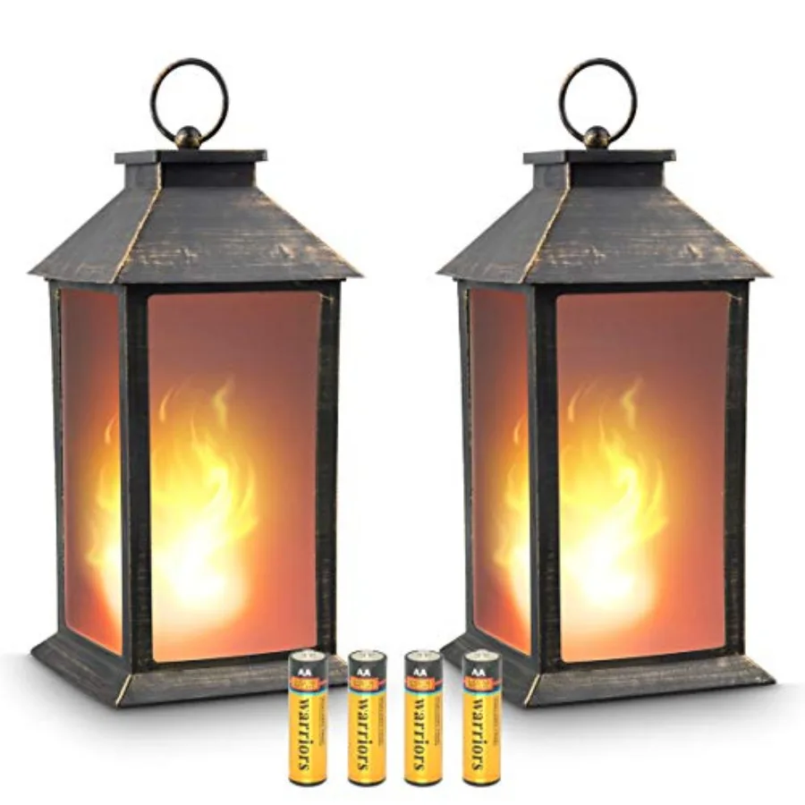 

13" Vintage Style Decorative Tabletop Lantern Flickering Flame LED Black 4-Hour Timer Batteries Included Indoor/Outdoor Set of