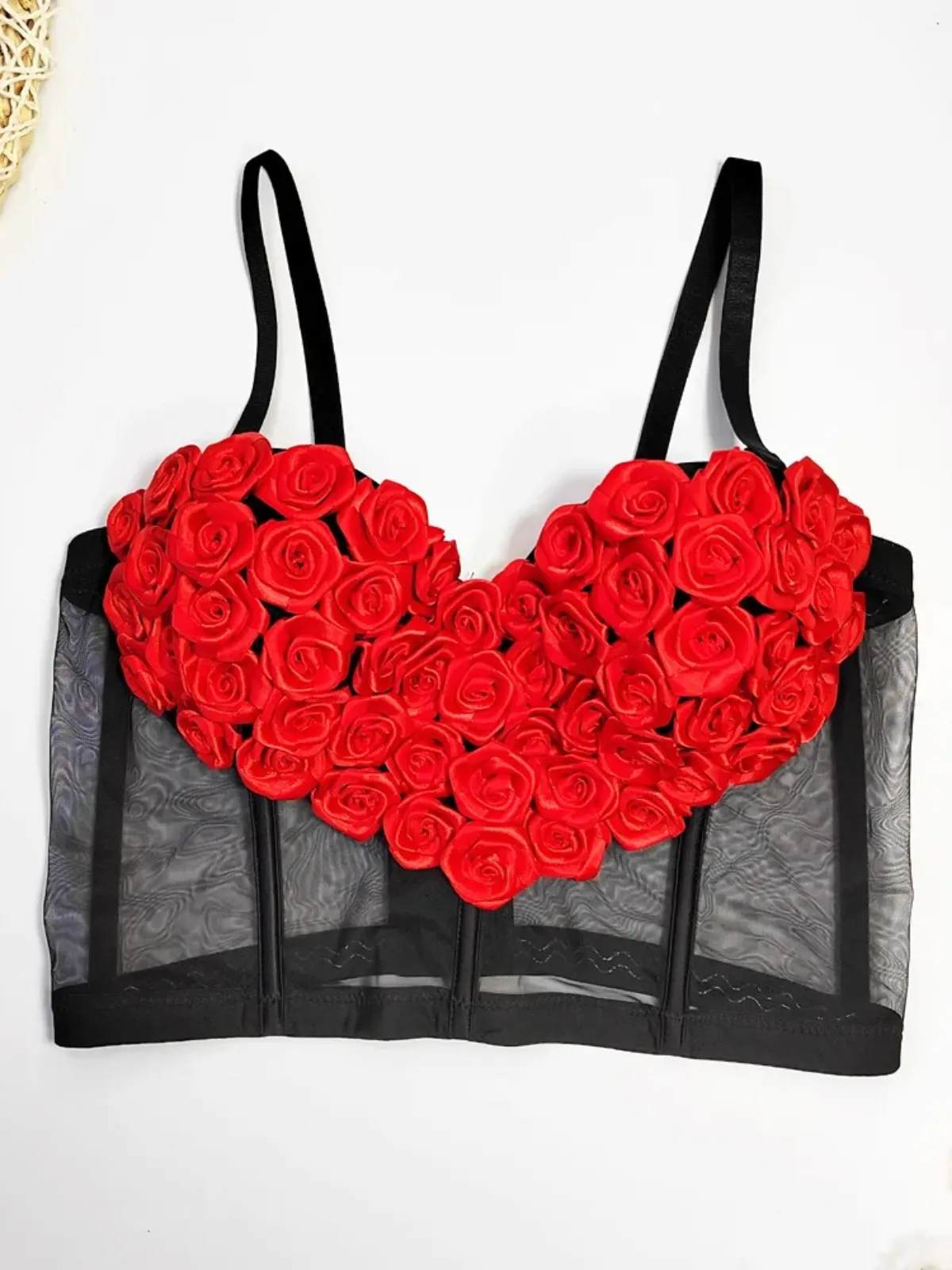 

ssTss Sexy Hollow Out Sheer Mesh Push Up Bustier Bra Women Elegant 3D Flowers Detail Fishbone Slim Club Party Crop Camisole Tops