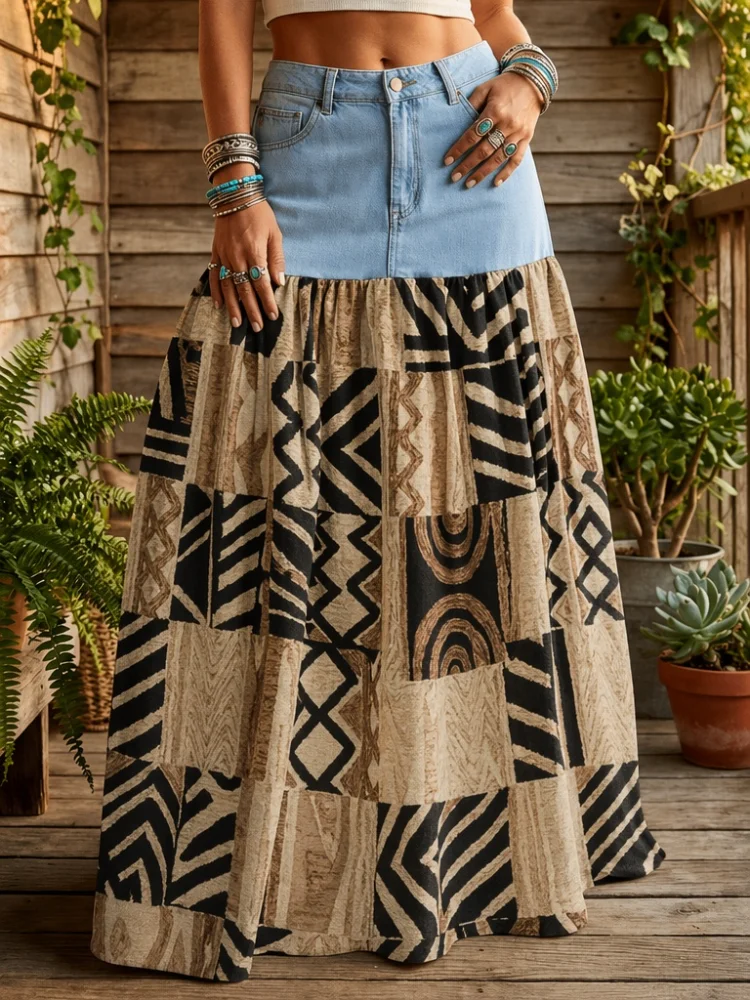 Retro Western Cowboy Fabric Patchwork High-Waisted Long Dress - Women's Ethnic Geometric Pattern Fluffy A-Line Long Dress, Suitable for Daily Casual Wearing
