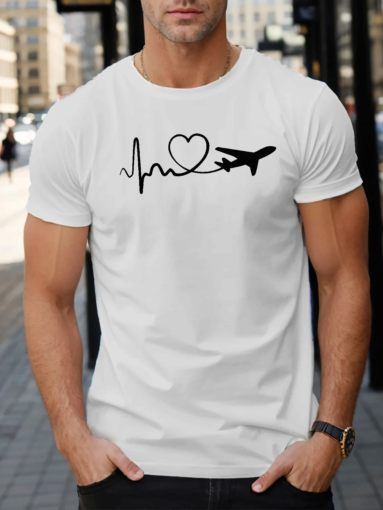 Men's Airplane & Heart Print Short Sleeve T-Shirt - Aviation-Themed Casual Crew Neck Tee with Airplane Love Design, All-Season Comfort Fit, White & Black Graphic for Travel & Casual Attire - Ideal Gift for Pilots & Aviation Enthusiasts - Comfy