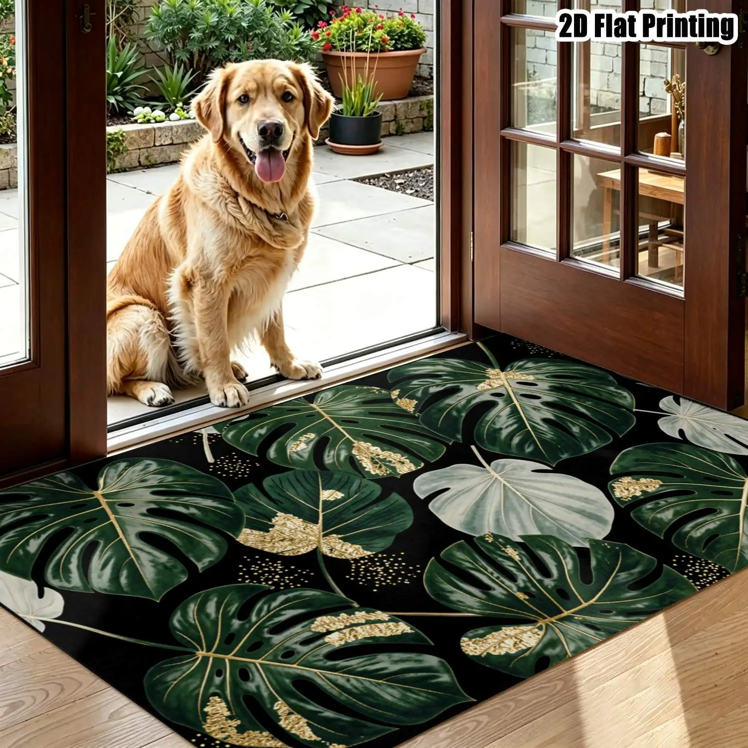 1Pc 2D Printed Carpet: Dark Green & Light Gold Bamboo Pattern, Nordic Minimalist Instagram-Worthy Decor, Machine Washable, Multi-Size for Multiple Rooms