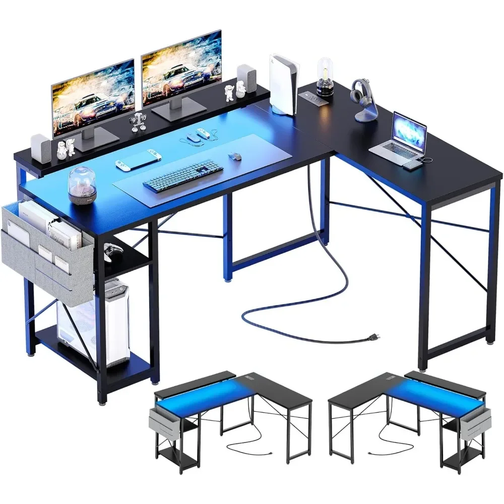 L Shaped Computer Gaming Desk with Power Outlet & LED Light Reversible Modern Office Computer Desks