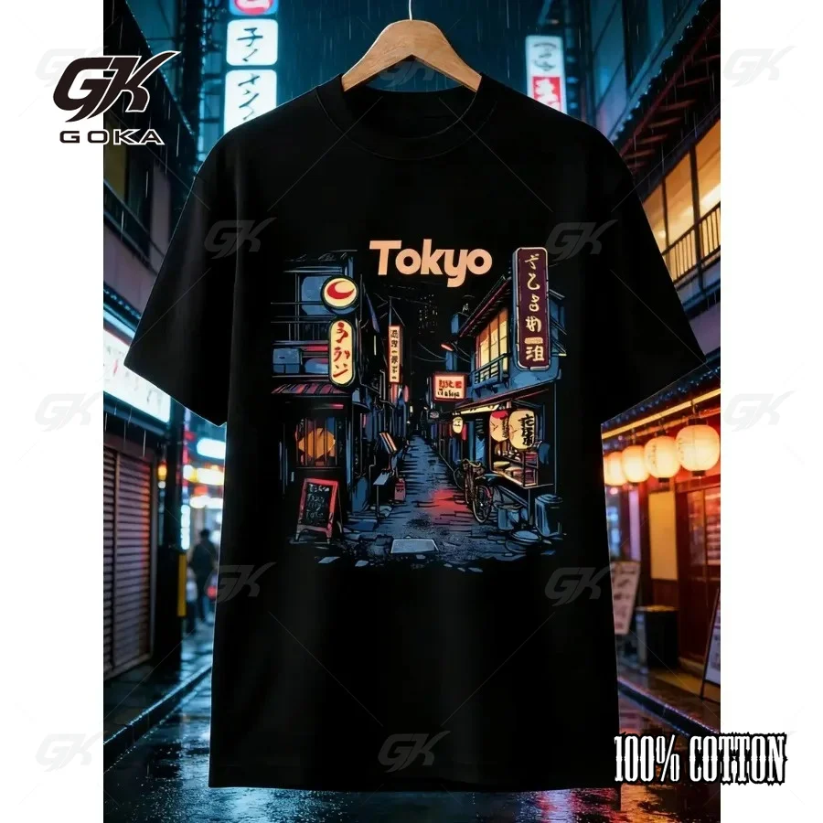 Tokyo Night Street T-Shirt, Retro Japanese Alley Neon City Graphic Tee, Black Anime Aesthetic Casual Shirt Short Sleeved Tops