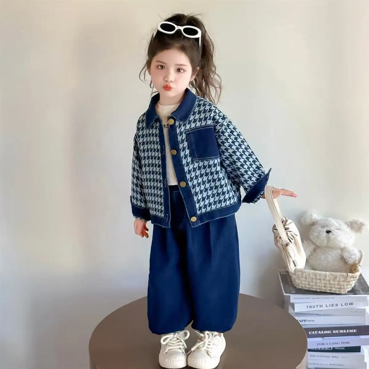 Girls' Cowboy Set Spring and Autumn New Style Children's Fashion Thousand Bird Grid Coat Wide Leg Jeans Two Piece Set