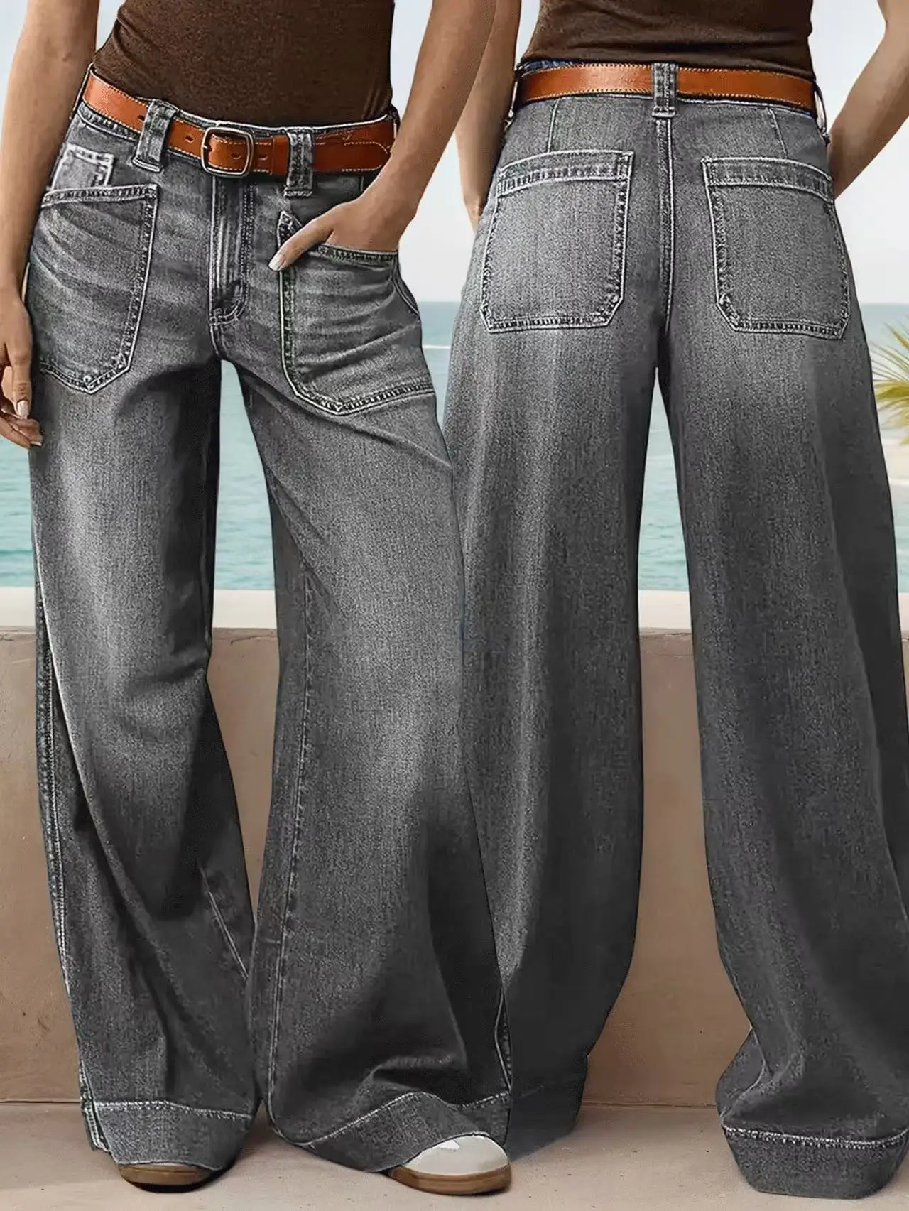 النساء الجينز الدنيم بانت بنطال ذو قصة أرجل واسعة سراويل جينز المتعثرة منتصف الخصر تمتد غسلها جيوب Y2k الشارع الشهير طول الأرض