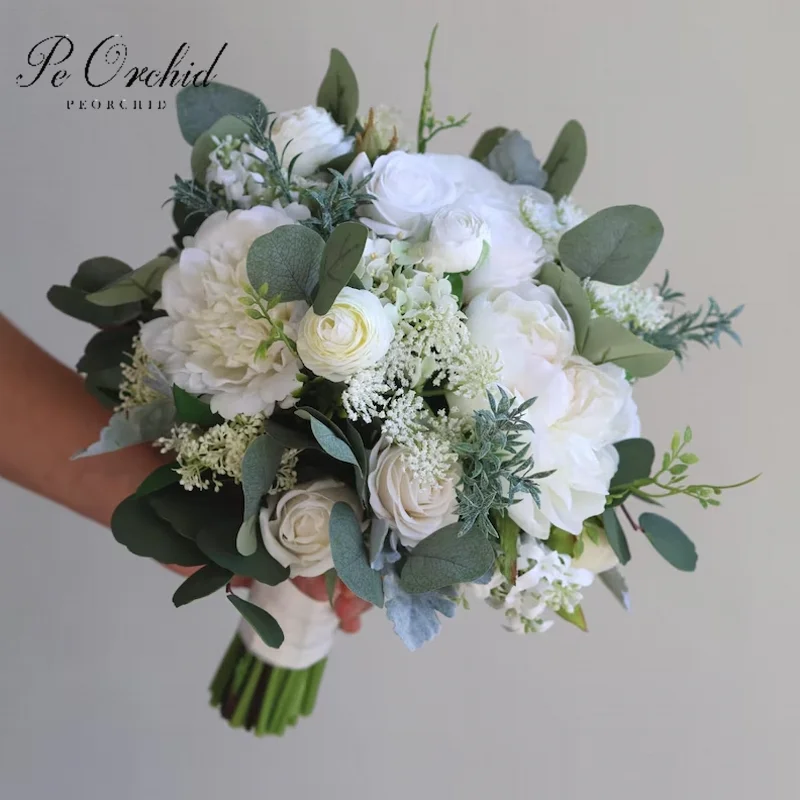

Свадебный букет PEORCHID из белого и зеленого шалфея, искусственные цветы для невесты, букет в стиле бохо с розами, пионами и эвкалиптом для подружек невесты