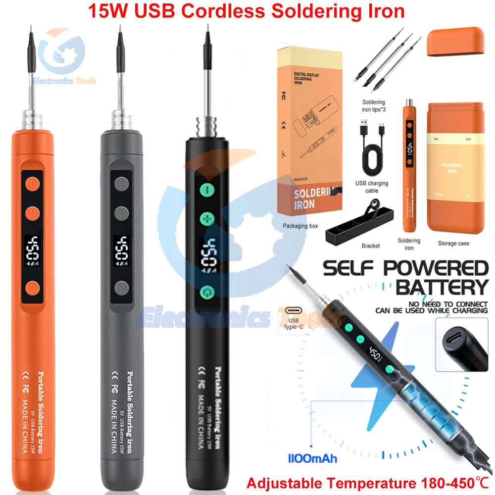 

15 Вт USB-паяльник с беспроводной регулируемой температурой 180-450 ℃ Тип-C, быстрый нагрев, 8-секундный набор для самостоятельного ремонта, сварочный инструмент