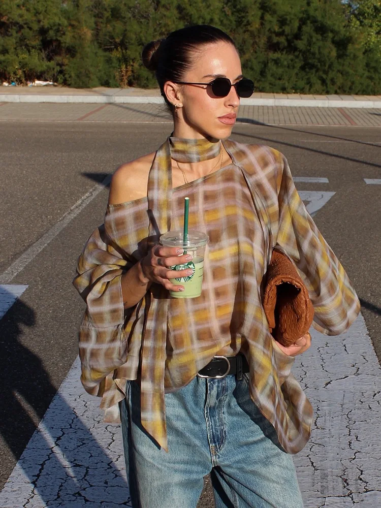 

HH Women Plaid Skirt Set Scarf Cloak Decoration Vintage Top+Summer Casual Pleated Side Zipper High Waist A-Line Midi Skirt