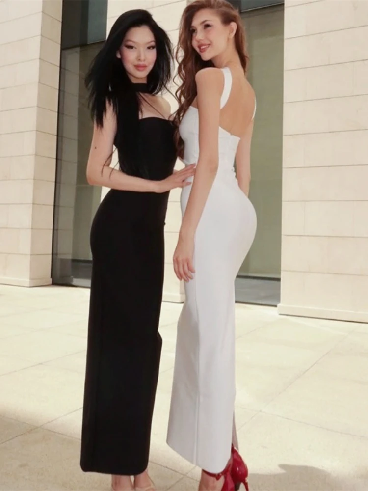 Mulher sexy fora do ombro sem mangas magro vestido longo streetwear senhora chique sexy halter pescoço split sem costas sólido festa clube vestidos