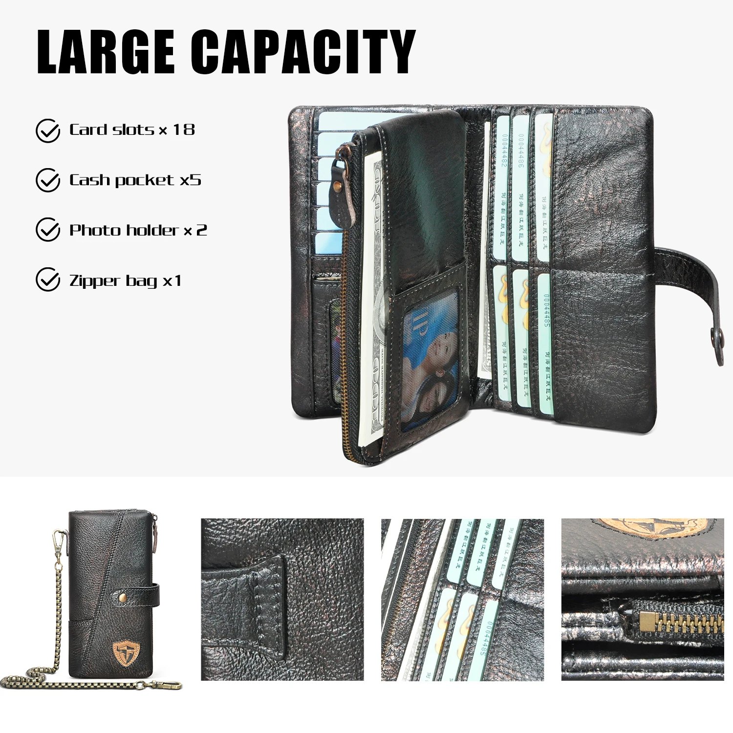 뜨거운 판매 두꺼운 정품 가죽 여행 비즈니스 주최자 체인 RFID 지갑 남성용 긴 지퍼 남성 지갑 카드 홀더 1803