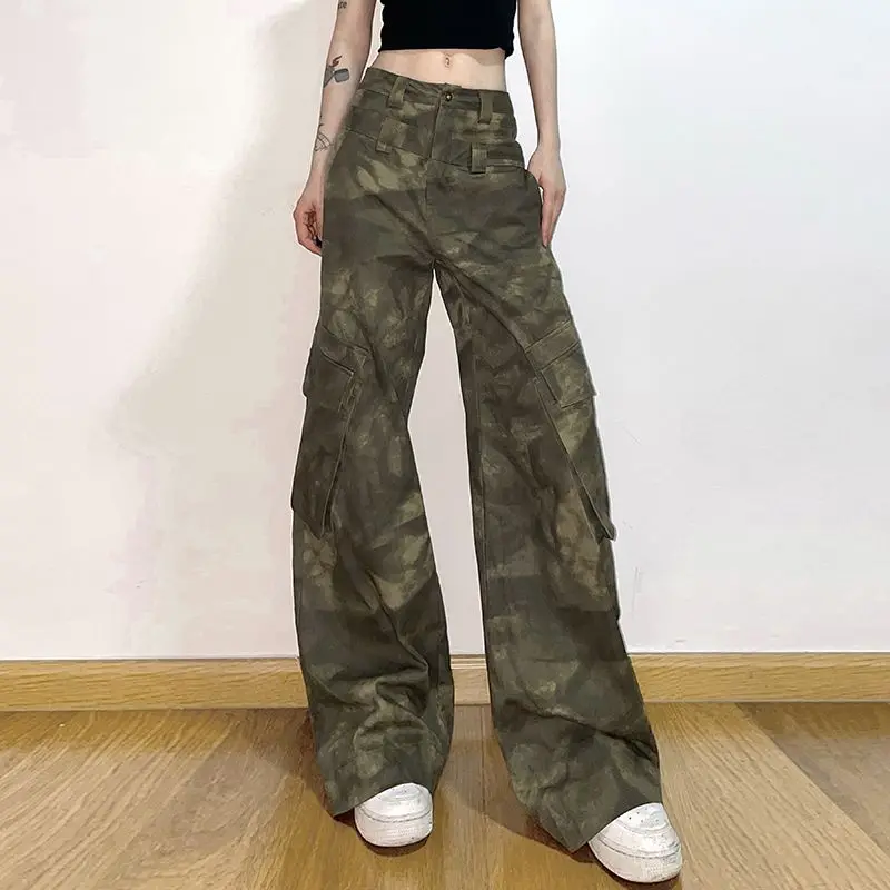 

Overalls Camouflage Large Pockets High Quality American High Street Loose Wide Leg Casual Pants For Hot Girl High Waist Trousers