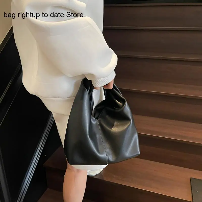 Pure Color Pu Leather Retro Pleated Niche Design Texture Korean Version Simple Handheld Tote Bag Woman