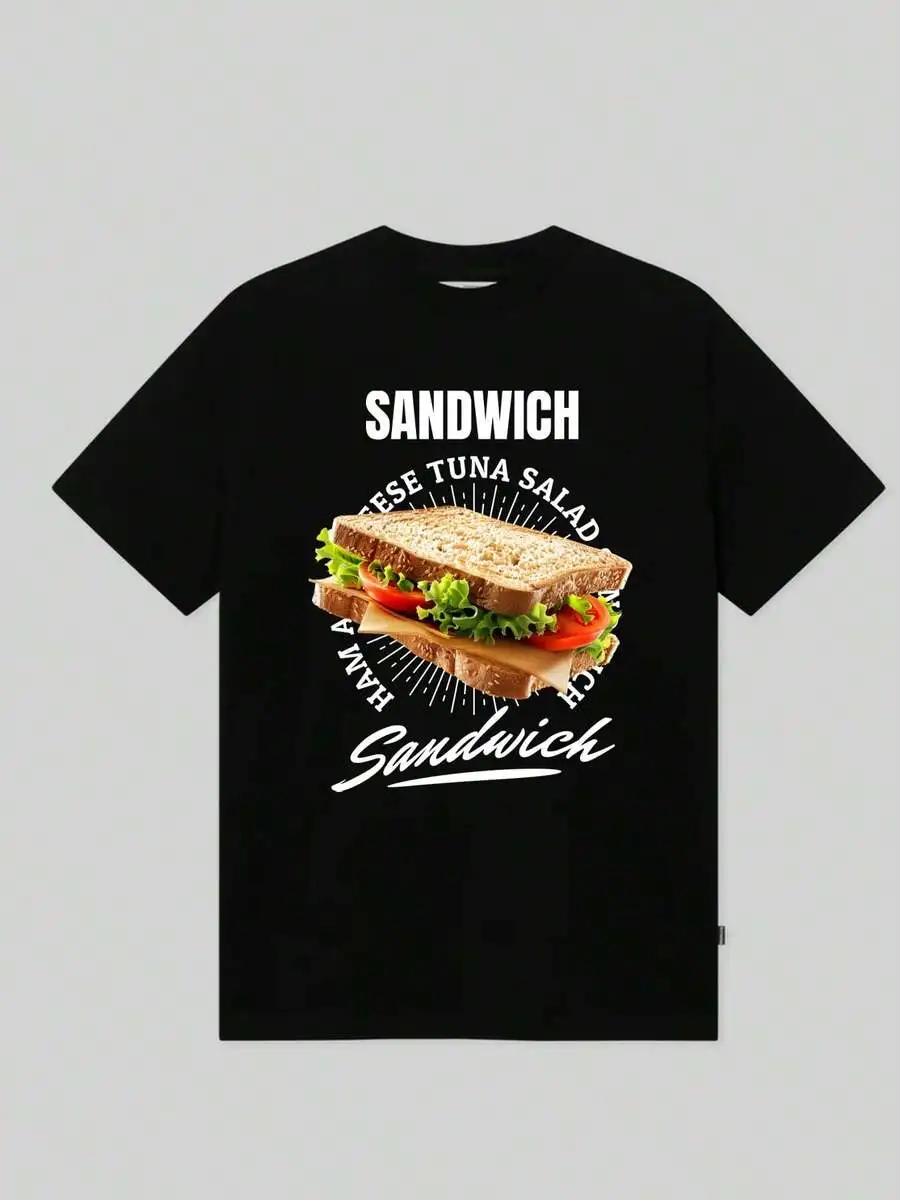 Camiseta de Hombre 100% Algodón 'SANDWICH' con Estampado Gráfico Realista de Sándwich con Lechuga, Tomate y Queso, Camiseta Casual de Manga Corta