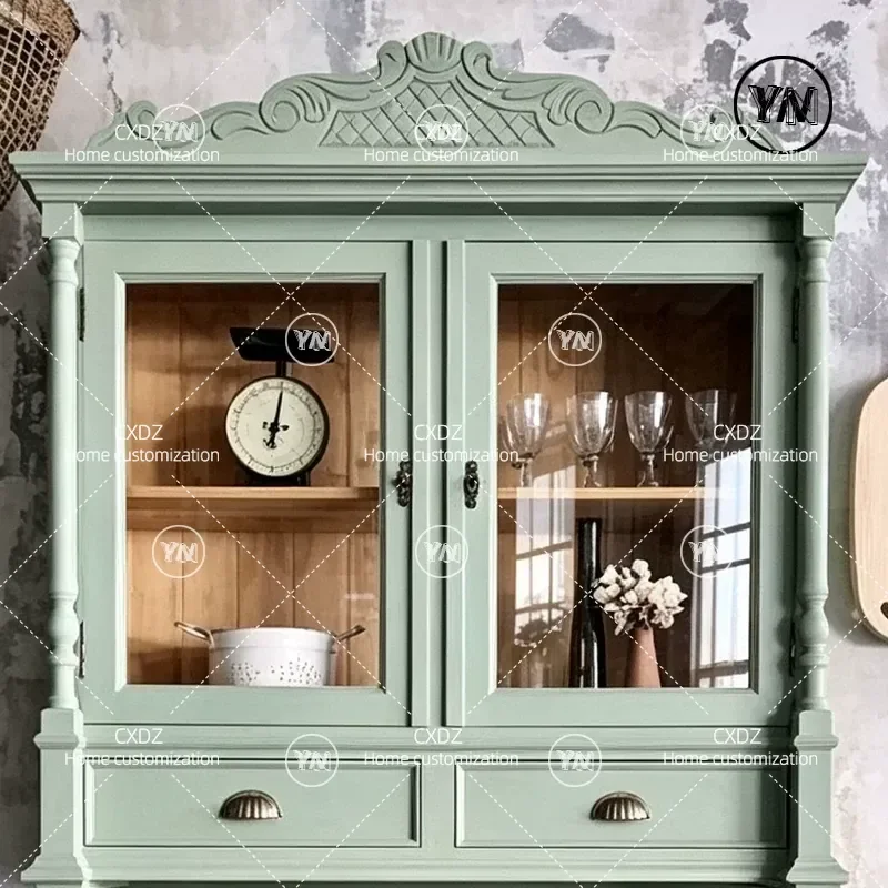Retro Solid Wood Dining Side Cabinet Green Carved Double Door Storage Locker for Living Room Home Furniture