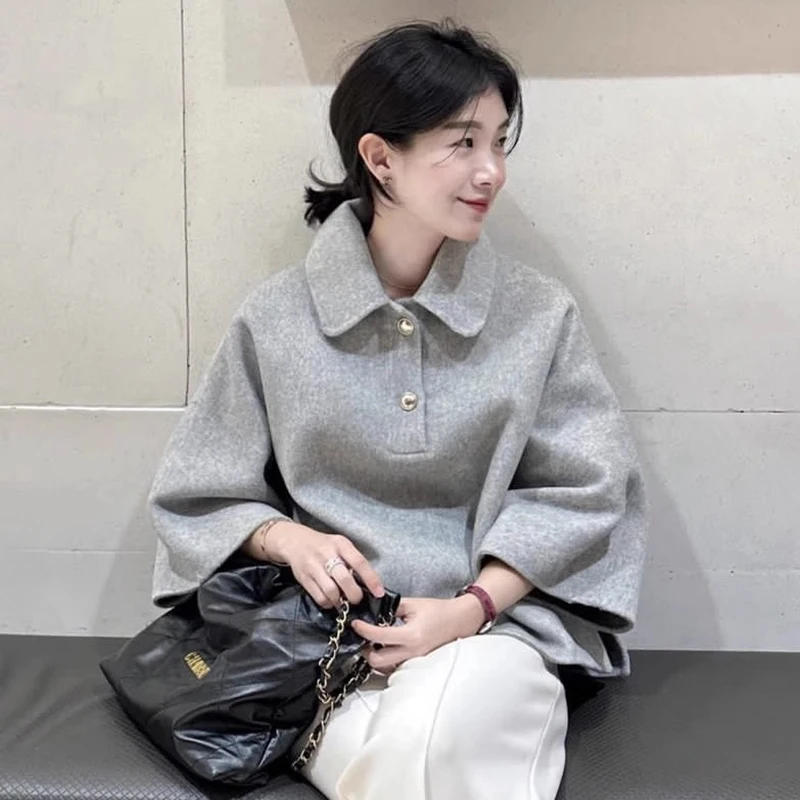 Chic Autumn Winter Short  Collar Loose Casual Wide Leg Sleeve Woolen Jacket Women\'s Top Fashion Trend Vintage Style
