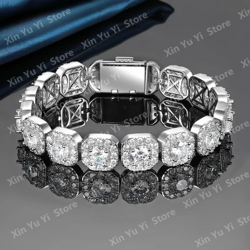 Men's Iced Out Cushion Shape Cluster CZ Tennis Bracelet Silver Tone Full Diamond Paved Link Bracelet Hip Hop Bling Jewelry