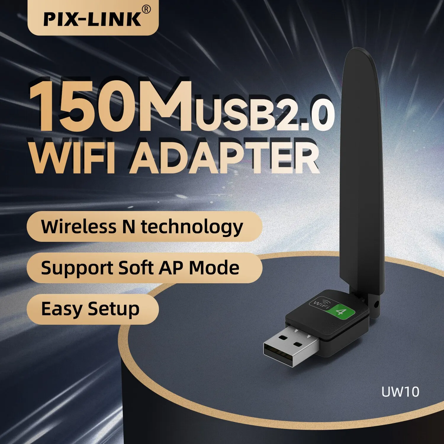 PIX-LINK UW10 150Mbps Network Card WiFi Dongle USB WiFi Adapter Portable 2.4GHz for PC Laptop With High-Gain Antenna