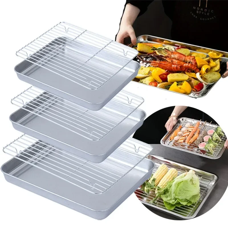 

Stainless Steel Baking Pan Tray With Wire Rack Cake Baking BBQ Pan Tray Plate Oven Brownie Rack Cooking Roasting Grilling Tool