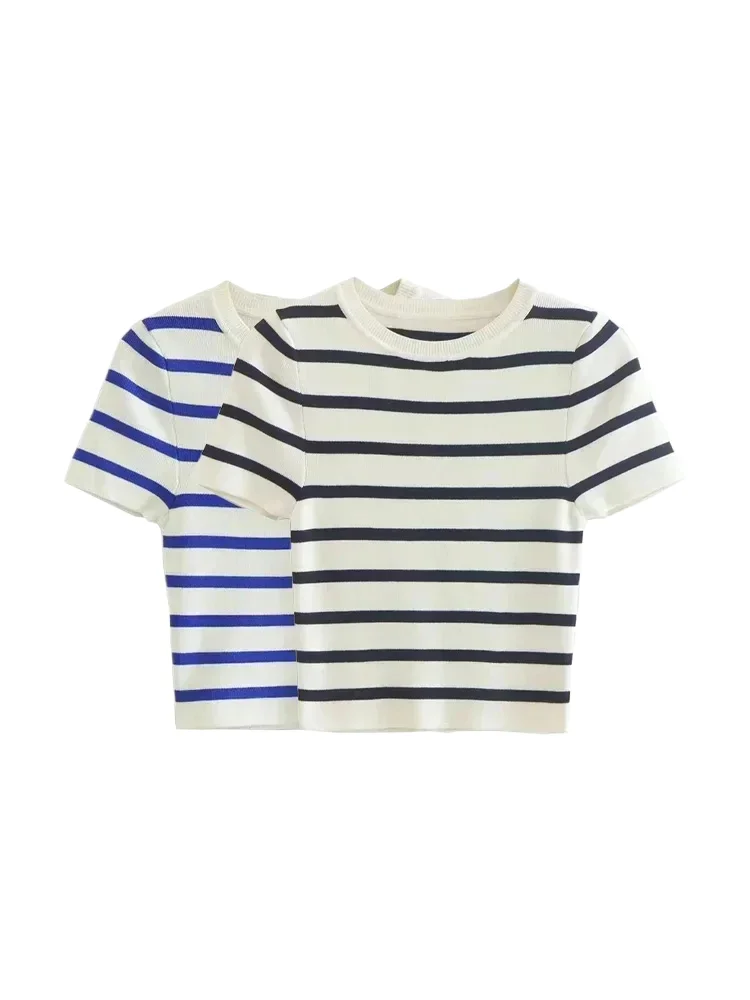 

Women Fashion Striped Basic Cropped Knit Sweater Vintage O Neck Short Sleeve Female Pullovers Chic Tops
