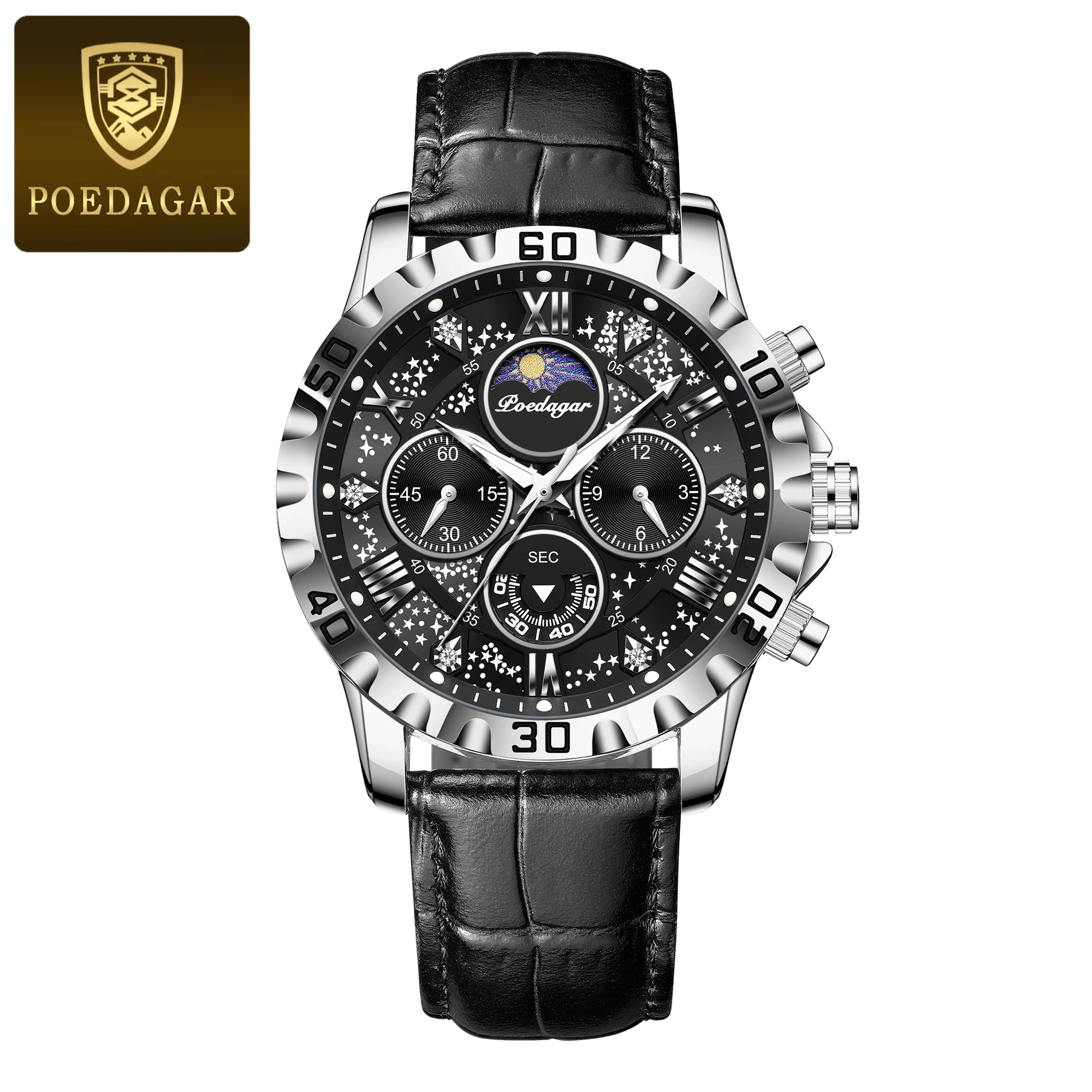 POEDAGAR Luxury Fashion Man Watch Waterproof Luminous Chronograph Leather Watches For Men Sports Outdoor Men's Quartz Wristwatch image 3
