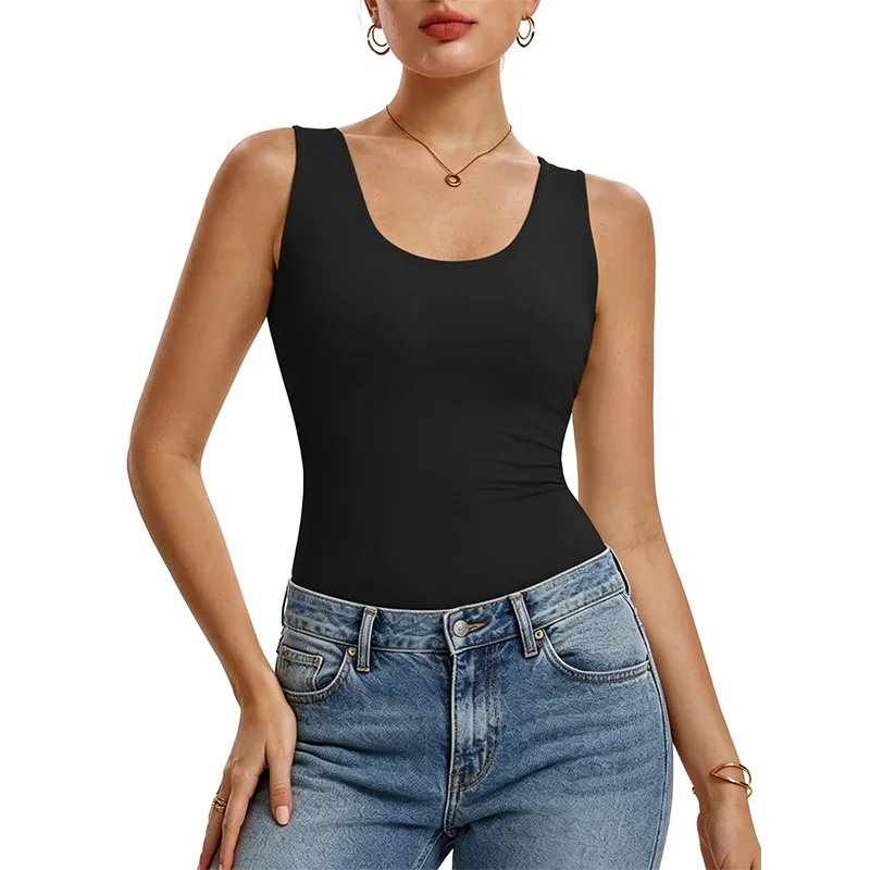 Clearance Cheap Women's Double Lined Summer Going Out Outfits Scoop Neck Tank Tops Basic Slim Fit Sleeveless Shirts Y2K Work