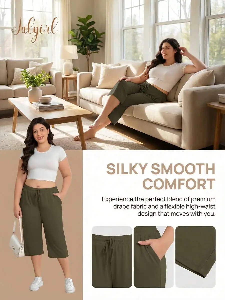 3 Pack Women's Plus Size Capris Pants, Wide Leg Loose Pants Casual Drawstring Capri Sweatpants Drawstring Pants With Pockets