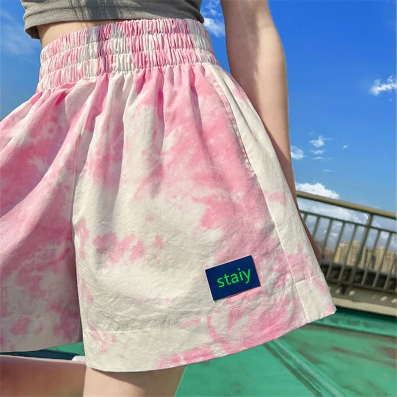 شورت التعادل صبغ للنساء ملابس الصيف مرونة الخصر شارع العليا الحلو كول بنات كل مباراة فضفاضة الكورية نمط جديد الموضة الإضافية