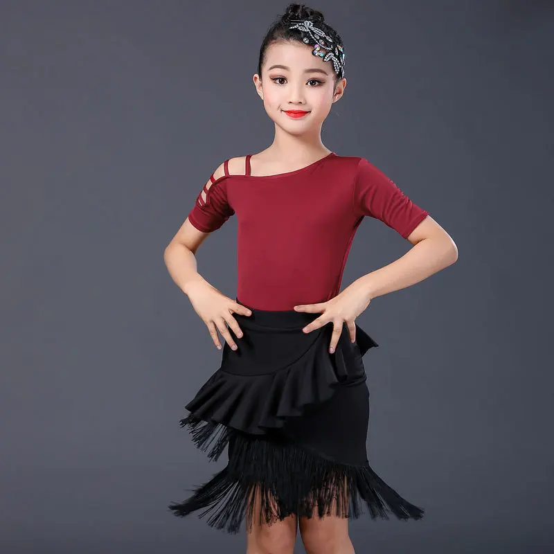 Nuovo vestito da ballo latino ragazza gonna con frange vestiti da prestazione lunghi sexy a maniche corte per bambini