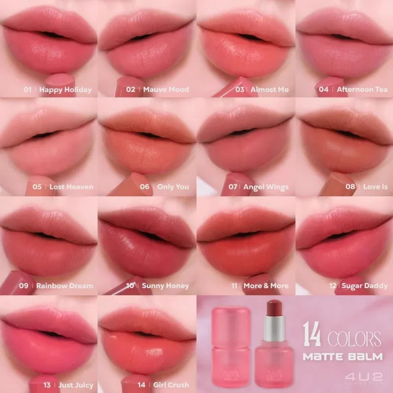 Tailandia 4U2 bálsamo mate lápiz labial suave mate taza antiadherente lápiz labial resistente al agua de larga duración cosméticos de maquillaje de belleza
