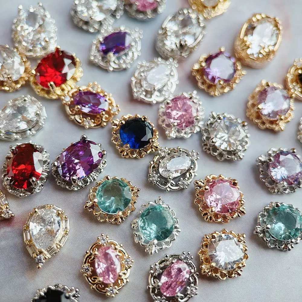 10 Uds. De gota ovalada rosa, negra y azul, circonita redonda, plata brillante, decoraciones de joyería para uñas, accesorios para decoración de uñas, suministros de piezas de dijes