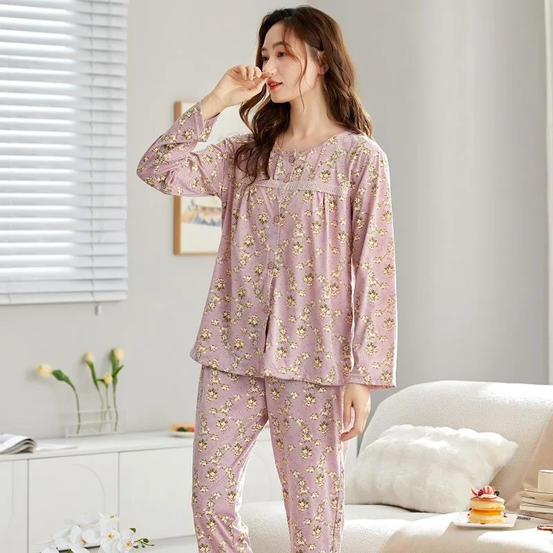 2024 New Spring Female Casual Breathable Long Sleeves Trousers Pajamas Sets Middle-Aged Women Round Neck Plus Size Homewear Suit