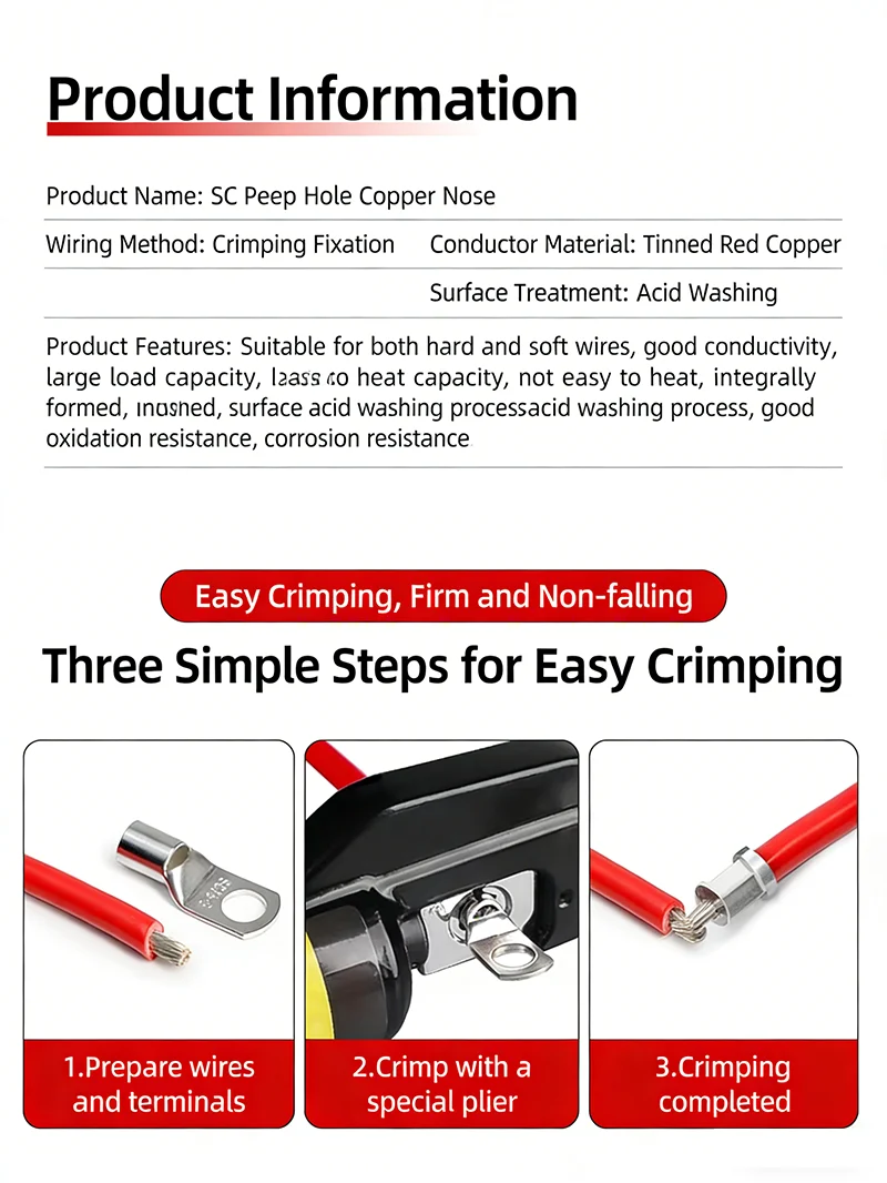 SC6-SC95 6/8/10/12mm Hole ID Copper Lugs 5-50PCS - High Conductivity Crimp Terminals for Power Cable Connection