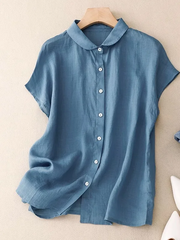 

Loose Fit Cotton Linen Women's irt Summer 2025 Sle Large Size ort Sve Turn-down Collar Button-up Artistic Top