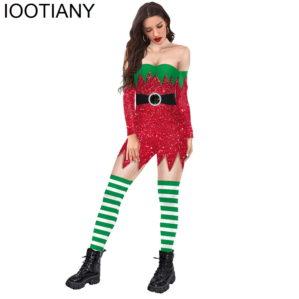 IOOTIANY Christmas Stripe 3D Print tuta da donna Carnival XMAS Party Costume Cosplay body adulti tutina natalizia abiti