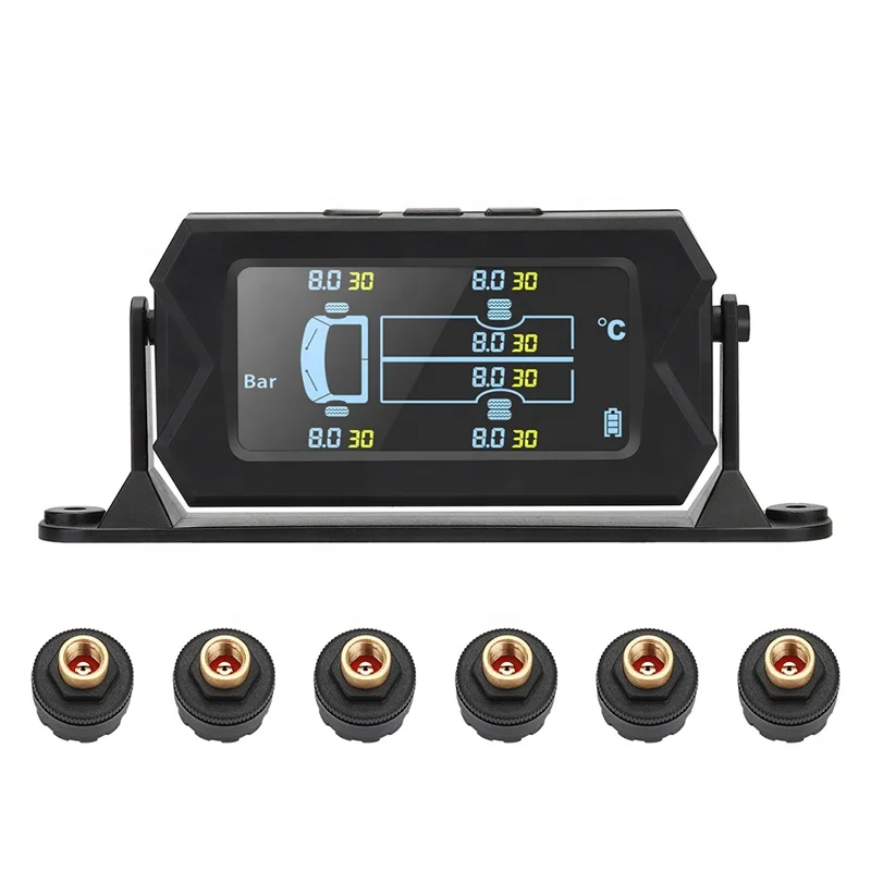 8 Bar 15 Bars Truck Wireless Tire Pressure Monitor 6 External TPMS Sensors Temperature Alarm System USB Solar Power Dedicated