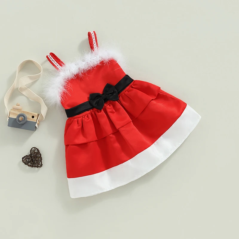 

Girls Christmas Dress Sleeveless Velvet Button Front Dress with Faux Fur Trim and Ruffle Detail A-line Holiday Dress for